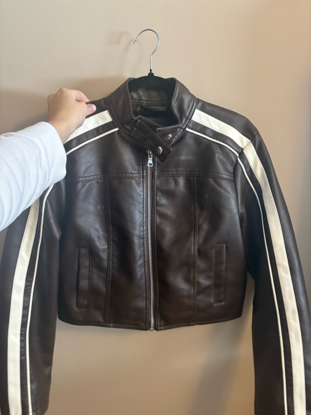 Brown Leather Moto Jacket with White Racing Stripes